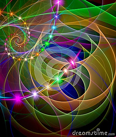 Abstract, fractal, computer-generated image of multicolored arches and curves on a dark background Stock Photo