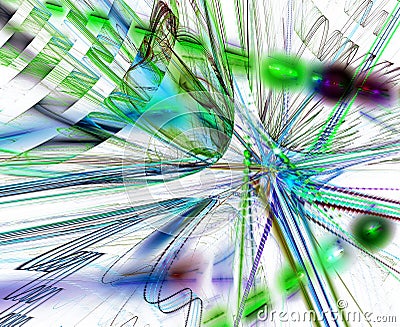 Abstract fractal dynamic background. Blue and green rays diverging from points, arcs and curves on a white background. 3D Cartoon Illustration