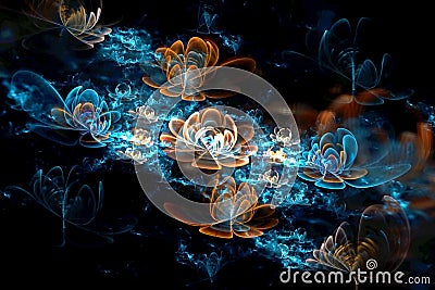 Abstract fractal computer-generated glowing 3d flowers. Multicolored fractal painting on a black background Stock Photo