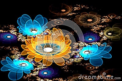 Abstract fractal computer-generated glowing 3d flowers. Multicolored fractal painting on a black background Stock Photo