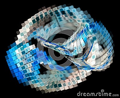 Abstract fractal light blue network dynamically folds on a black background. Icon, logo, symbol, sign. 3D rendering. 3D Cartoon Illustration