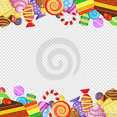 Abstract frame with sweets. Colorful caramel and chocolate candies biscuits and cakes lollipop sweet and juicy vector Vector Illustration