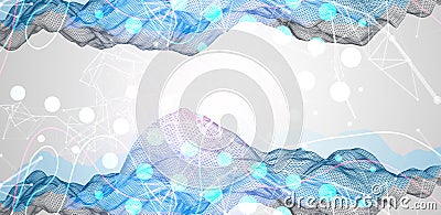 Abstract frame wave with colored spots on it and curved lines. Plexus effect. Vector Illustration