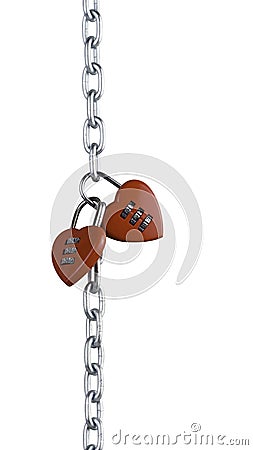 Abstract, front view vertically straight two red heart together combination lock, Symbol valentine, happy, unhappy. Metal chain Stock Photo