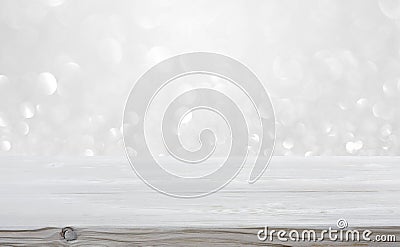 Abstract frosty background and empty wooden table for winter decoration Stock Photo