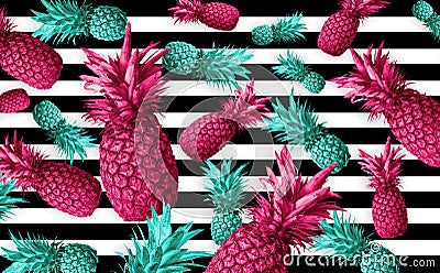 Abstract fruit background with colorful pineapples. Bright fruit concept. Stock Photo