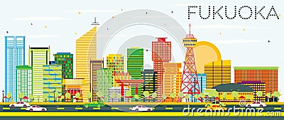 Abstract Fukuoka Skyline with Color Buildings and Blue Sky. Stock Photo