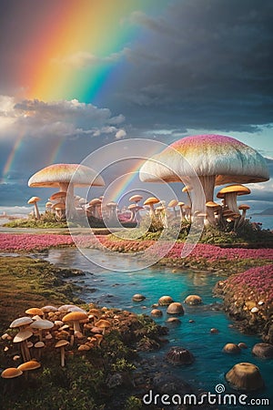 abstract and futurictic oil painting of giant photosynthetic mushrooms Stock Photo