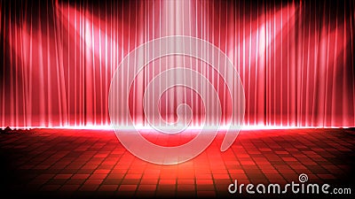 Futuristic background of empty stage with red curtain and lighting spotlgiht stage background Vector Illustration