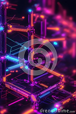 Abstract futuristic blockchain with neon lights. Generative Ai. Stock Photo