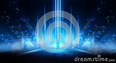 Background of empty stage show. Neon blue and purple light and laser show. Laser futuristic shapes on a dark background. Abstract Stock Photo