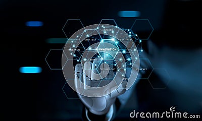 Abstract futuristic, Businessman mechanical robotic arm touching word innovation and brain on virtual screen interface. AI, Stock Photo