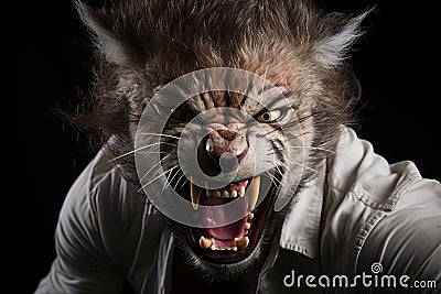 Abstract futuristic concept. Fierce mutated wolf integrated with human body Stock Photo