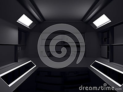 Abstract Futuristic dark room interior design. 3D Rendering. Fut Stock Photo