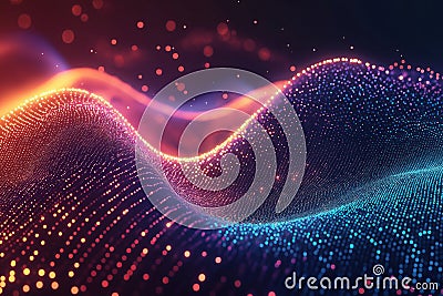 Abstract futuristic data wave background shows glowing particles forming wavy shapes. Dynamic glowing tech particles create Stock Photo