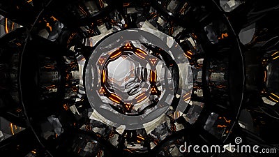 Abstract futuristic digital motion background Flight through an abstract endless tube of orange-black rings. Stock Photo