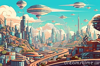 Abstract futuristic future city view, beautiful sunset. AI generative cartoon style illustration Cartoon Illustration