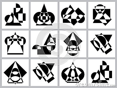 Abstract futuristic geometric figures, shapes of symmetry and asymmetry. Set of black and white pattern backgrounds Vector Illustration