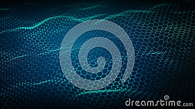 Abstract futuristic hexagonal grid with glowing wave patterns, representing technology, AI, big data, and cyber network Stock Photo