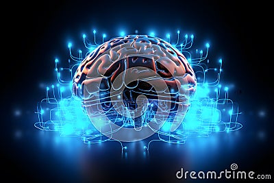 Abstract futuristic human brain with circuit board and mash line to connection. Generative AI Stock Photo