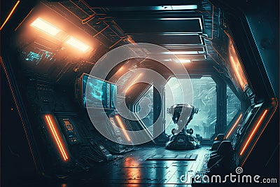 Abstract in futuristic interior of spaceship with power generative technology. Stock Photo