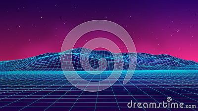 Abstract futuristic landscape 1980s style. Vector illustration 80s party background . 80s Retro Sci-Fi background. Cartoon Illustration