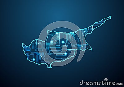Abstract futuristic map of cyprus.Circuit Board Design Electric of the region. Technology background. mash line and point scales Vector Illustration