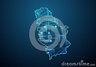 Abstract futuristic map of Serbia. Circuit Board Design Electric of the region. Technology background. mash line and point scales Vector Illustration