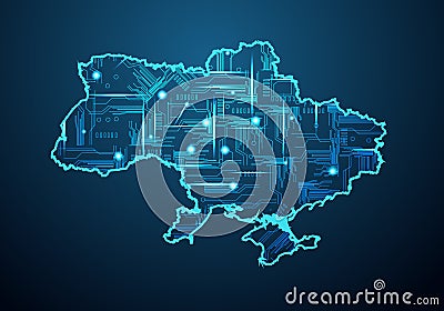 Abstract futuristic map of ukraine. Circuit Board Design Electric of the region. Technology background. mash line and point scales Vector Illustration
