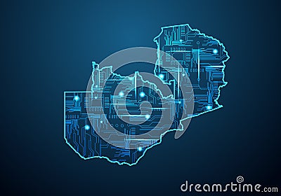 Abstract futuristic map of zambia. Circuit Board Design Electric of the region. Technology background. mash line and point scales Vector Illustration