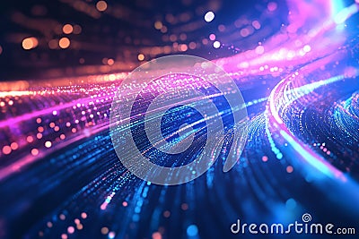 Abstract futuristic rendering of a high-speed digital data stream, composed of glowing neon Stock Photo
