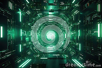 abstract futuristic scifi tunnel corridor with glowing lights 3d rendering, Futuristic Metaverse Tunnel with Polygon Shapes and Stock Photo