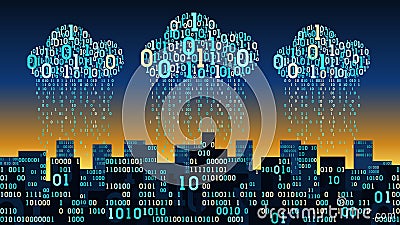 Abstract futuristic smart city with the artificial intelligence connected to cloud storage, binary rain data stream, big data Vector Illustration