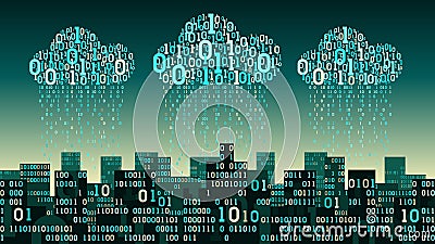Abstract futuristic smart city with the artificial intelligence and internet of things, connected to cloud storage, binary rain Vector Illustration