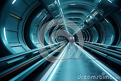 Abstract futuristic subway tunnel with moving train trace Stock Photo