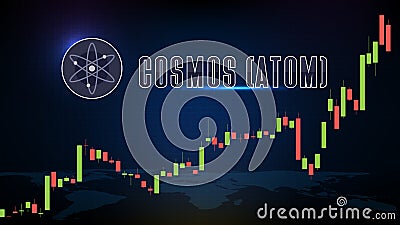 Futuristic technology background Cosmos ATOM coin digital cryptocurrency and market graph volume indicator Vector Illustration