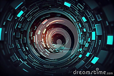 Futuristic Technology concept. Neon Hexagon Tunnel modern backgroundt, digital illustration generative AI. Cartoon Illustration