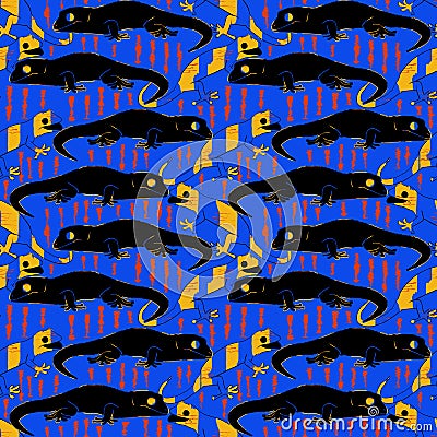 Abstract gekko lizard doodle seamless pattern in black yellow red on blue background. Abstract reptiles exotic hand drawn Cartoon Illustration