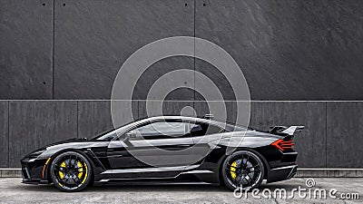 An abstract, generic sport coupe car parked alongside a concrete wall, ideal for showcasing modern car designs and urban settings Stock Photo