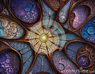 Abstract and geometric art piece inspired by the Mandelbrot set with colorful and intricate patterns, Generative AI Stock Photo
