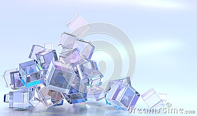 Abstract geometric background with pile of crystal cubes or blocks and purple refraction light in prism. Clear square Stock Photo