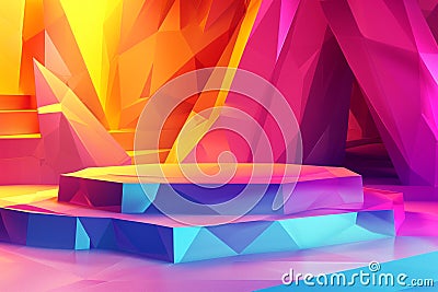 An abstract geometric background with a podium stage highlighted by a gradient of vivid colours and sharp patterns Stock Photo