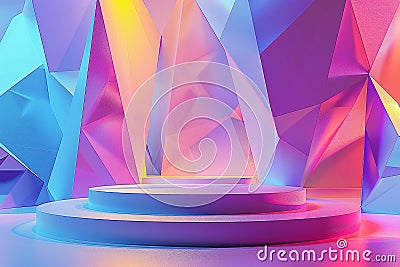 An abstract geometric background with a podium stage highlighted by a gradient of vivid colours and sharp patterns Stock Photo