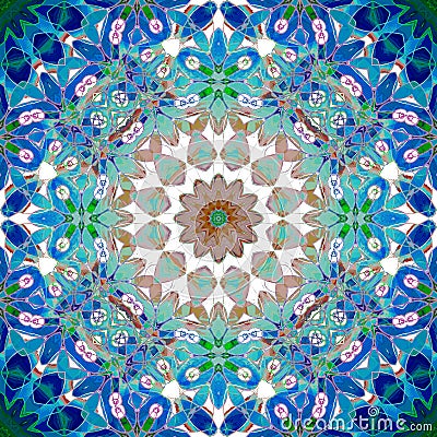 Regular round floral ornament blue turquoise green white Stock Photo