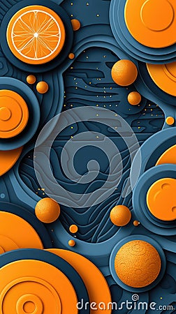 Abstract geometric banner with orange slices on blue background, 3 d vertical illustration Cartoon Illustration