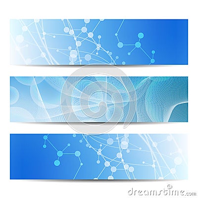 Abstract geometric banners molecule and communication. Science and technology design, structure DNA, chemistry, medical Vector Illustration