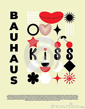 Abstract geometric bauhaus poster. Heart, love, lips, cherry, text and other primitive forms, shapes. Modern flat style Vector Illustration