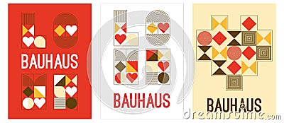 Abstract geometric bauhaus set of poster with lettering Love, shape of Heart. Circle, squares and primitive forms Vector Illustration