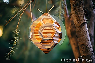 abstract geometric beehive hanging from a tree branch Stock Photo