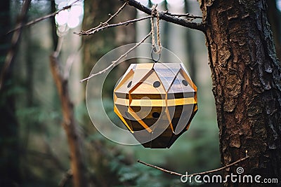 abstract geometric beehive hanging from a tree branch Stock Photo